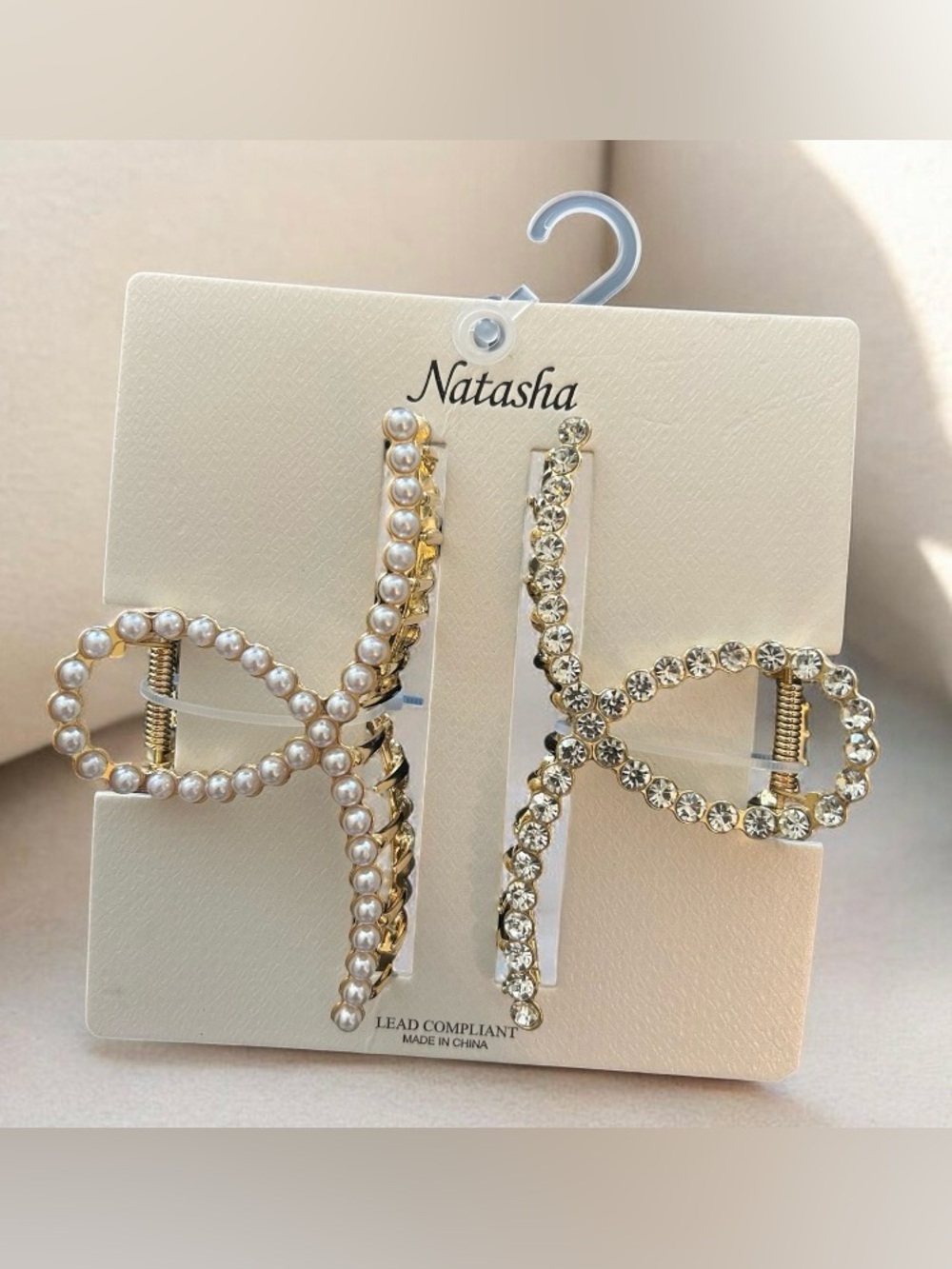 Natasha Couture Gold Pearl & Rhinestone Bow Hair Clips